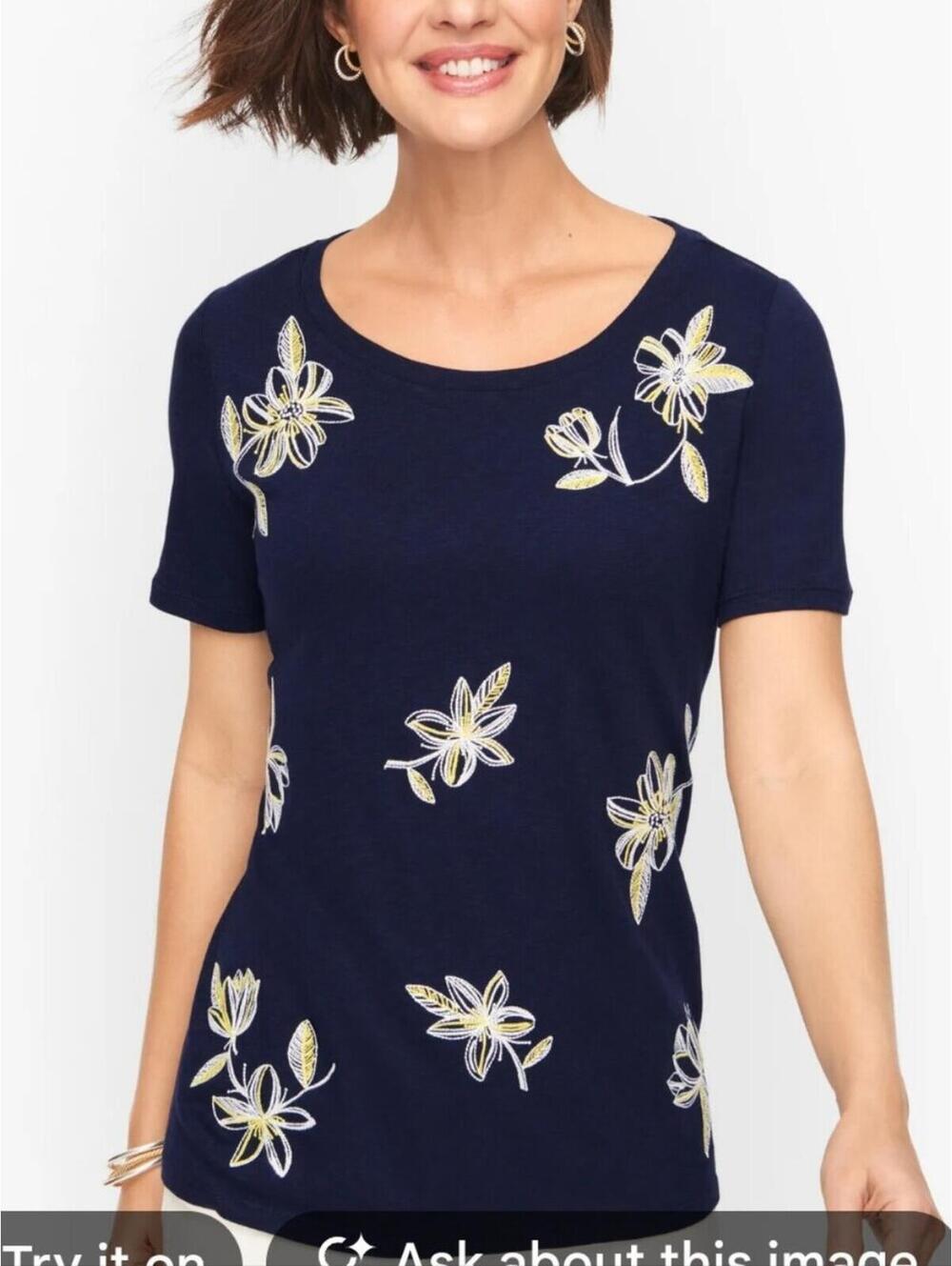 Talbots Dashing Floral Cotton Modal Tee Navy Blue Yellow Embroidered Top Size P